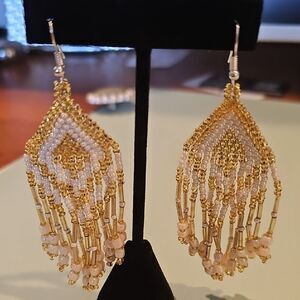 Elegant Gold and Cream Beaded Earrings